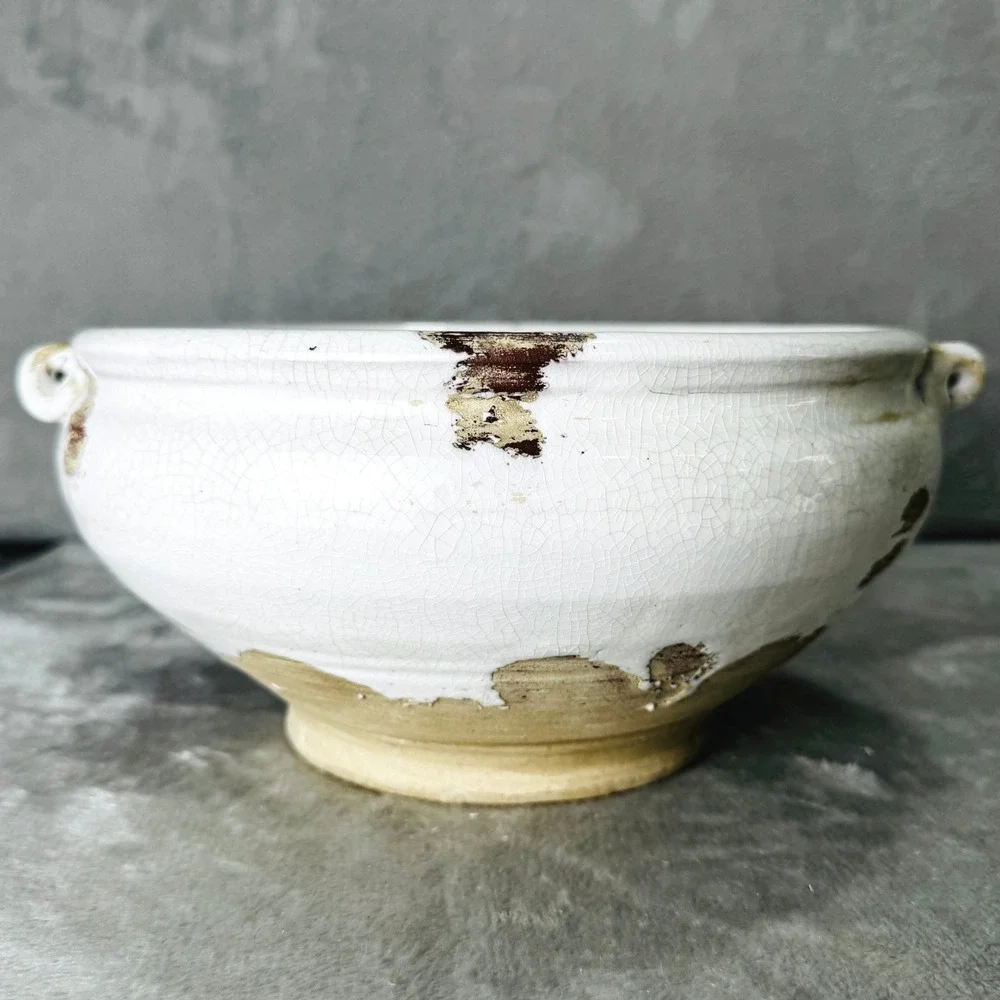 Rustic White Crackle Glaze Stoneware Bowl Planter Farmhouse Cottagecore Decor